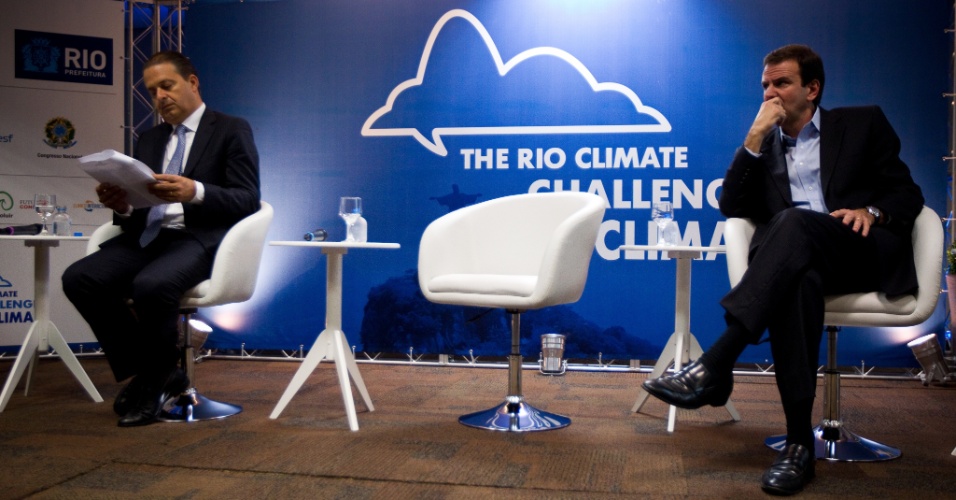 14.jun.2012 - O governador de Pernambuco, Eduardo Campos (PSB), e o prefeito do Rio de Janeiro, Eduardo Paes (PMDB), participaram do evento Rio/Clima,  durante a conferência Rio+20 