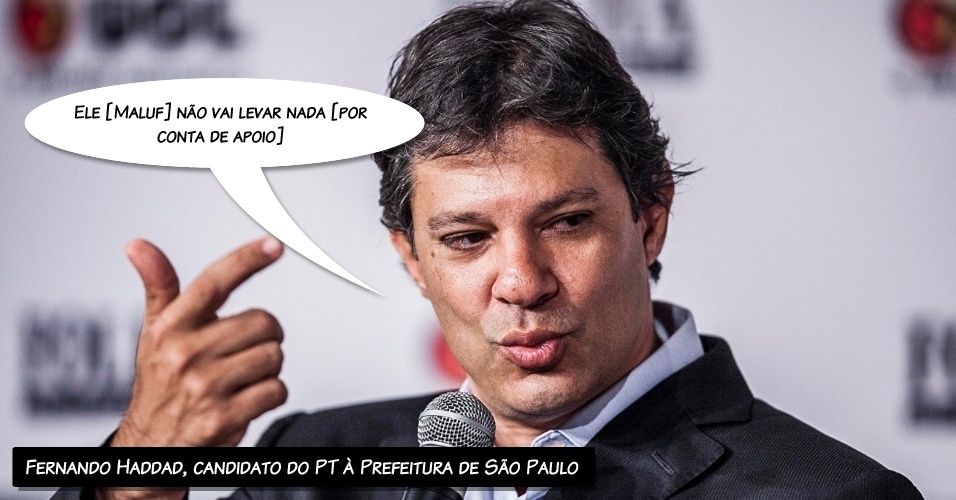 "Ele [Maluf] não vai ganhar nada [por conta de apoio]", afirmou o candidato do PT à Prefeitura de São Paulo quando questionado sobre o apoio dado à sua candidatura por parte do PP, de Paulo Maluf