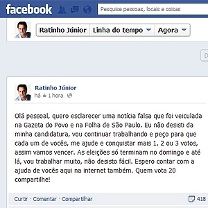 Ratinho Junior diz no Facebook que continua em campanha